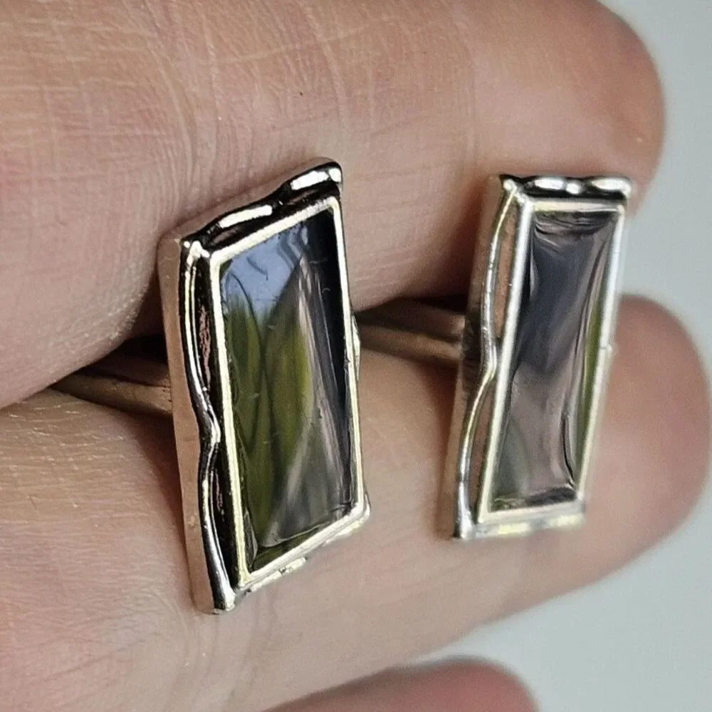 Cuff Links Vintage - Silver Tone with Black Enamel - Rectangle Shape